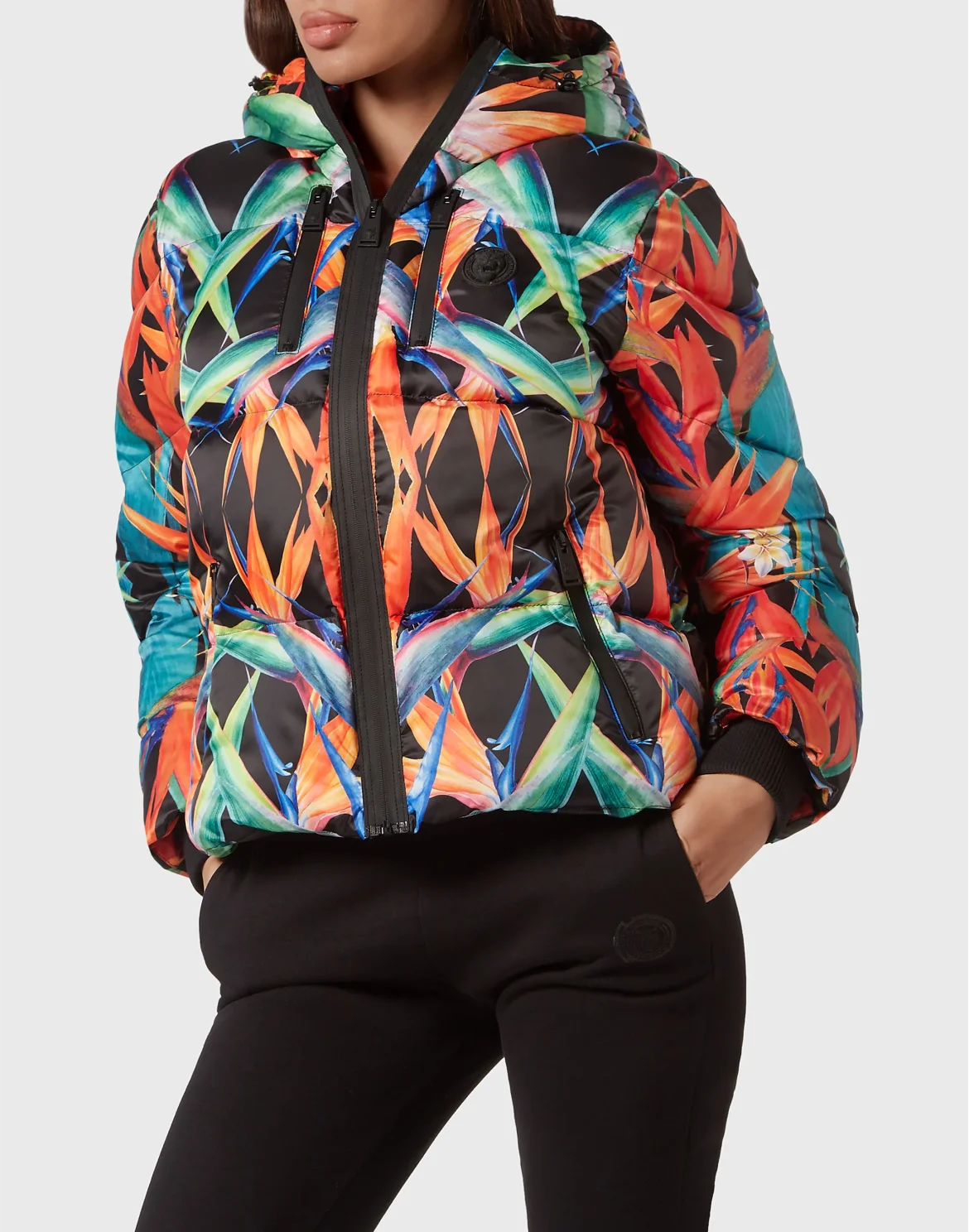 Nylon Puffer Jacket Flowers, цвет: Черный