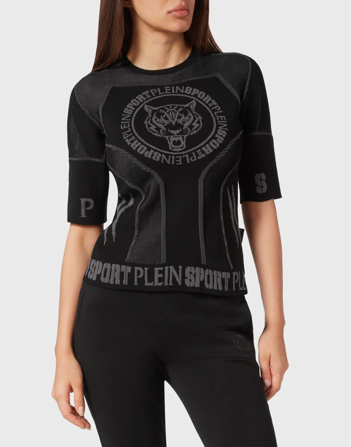 Knit Jacquard T-shirt Round Neck SS Slim Fit, цвет: Черный