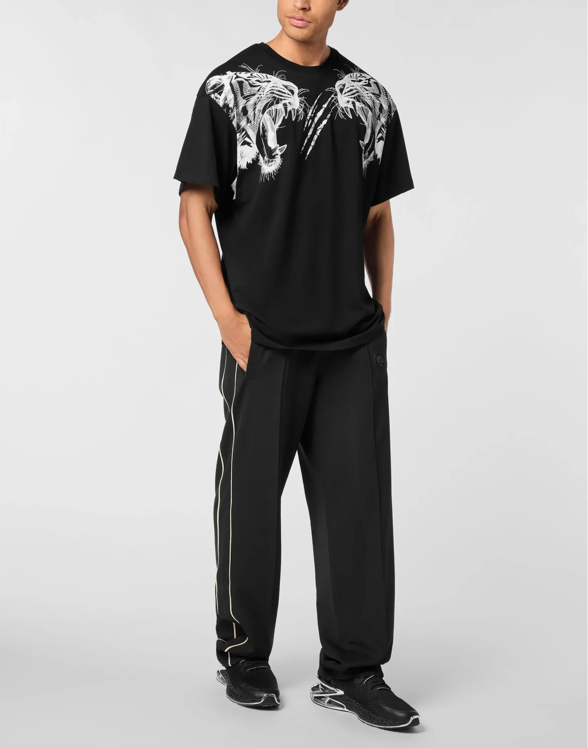 Cotton Round Neck T-Shirt Tiger Line, цвет: Черный