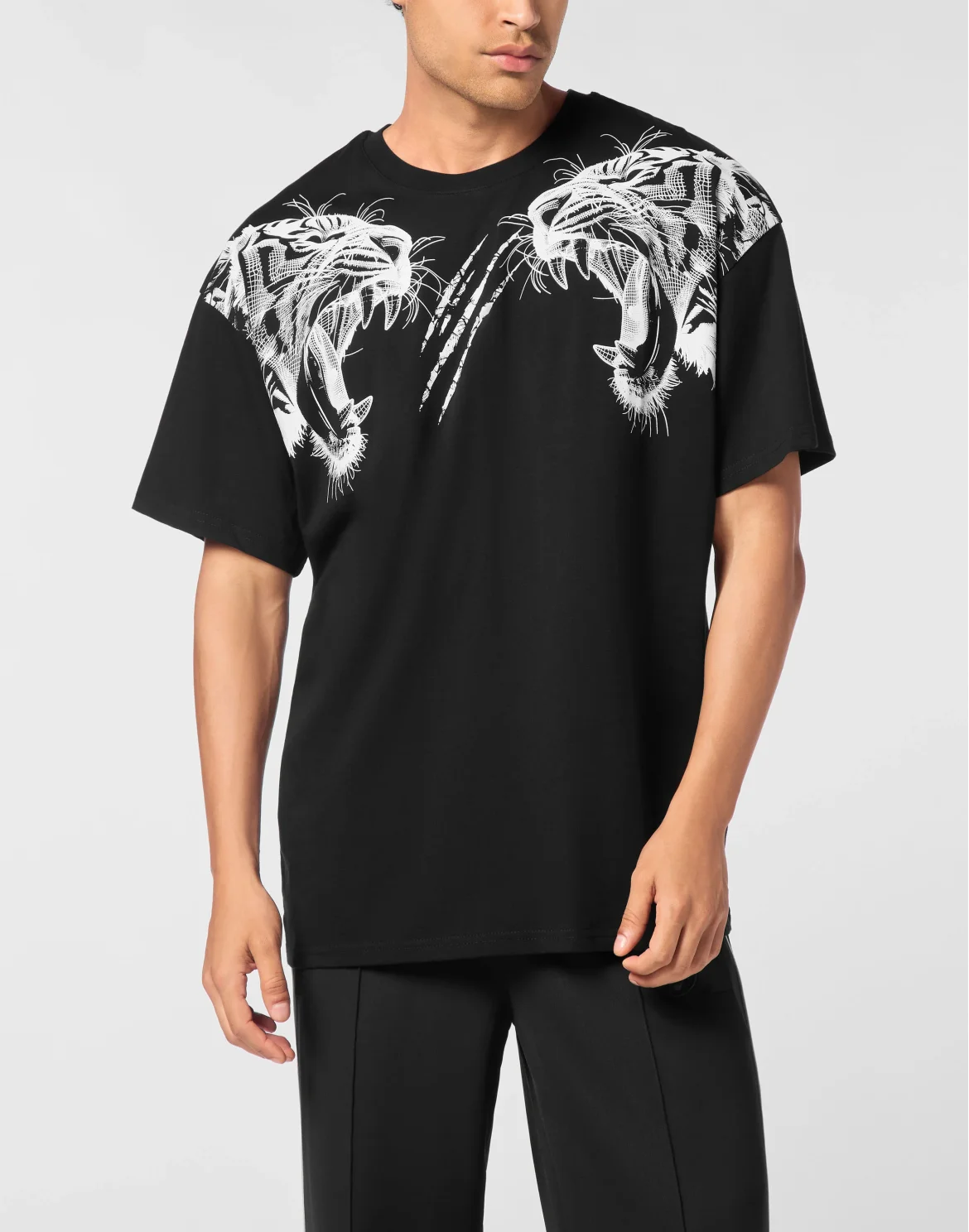Cotton Round Neck T-Shirt Tiger Line, цвет: Черный