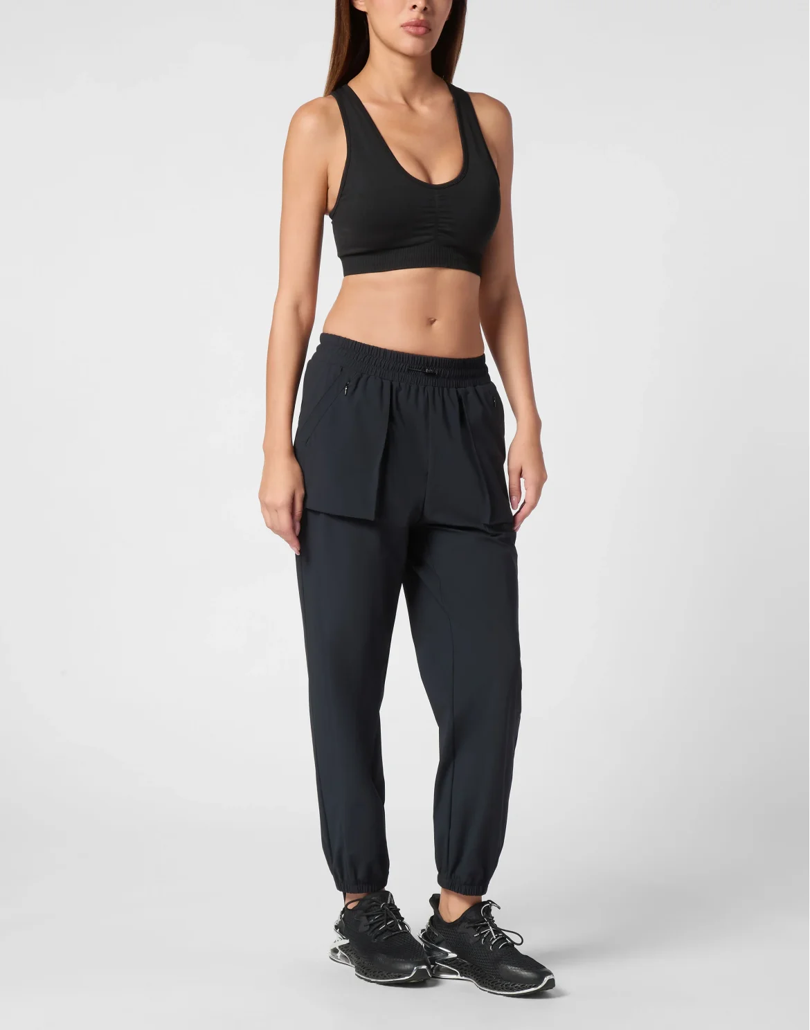Nylon Stretch High Waisted Jogging Pants, цвет: Черный